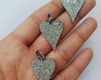 Pave Diamond Heart Pendant Sterling Silver Love Necklace 30x20mm Valentine Anniversary Gift