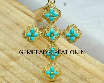 Turquoise Cross Pendant Pave Diamond Pendant 925 Silver Jewelry Cross Necklace Pendant 42x65mm Gifts Idea