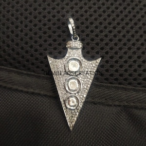 Polki Diamond Arrowhead Pendant Sterling Silver Rose Cut 55x35mm Uncut Gemstone Jewelry