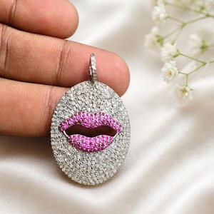 Ruby Lips Pendant: Pave Diamond Sterling Silver Art Deco Necklace