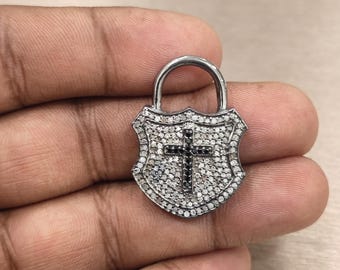 Pave Diamond Lock Pendant Black Spinel 925 Sterling Silver 34x22mm Handmade Charm Necklace Jewelry