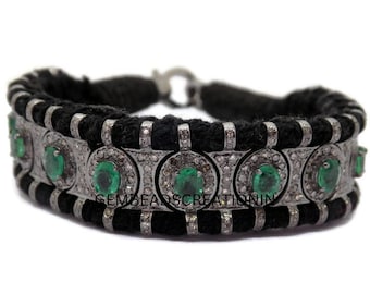 Pave Diamond Thread Bracelet Macrame Handwoven Friendship Bracelet Emerald Gemstone Bracelet Gift For Her