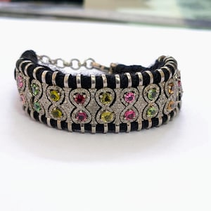Sterling Silver Pavé Diamond Multi-Stone Macrame Cuff Bracelet | Boho Chic Statement Jewelry