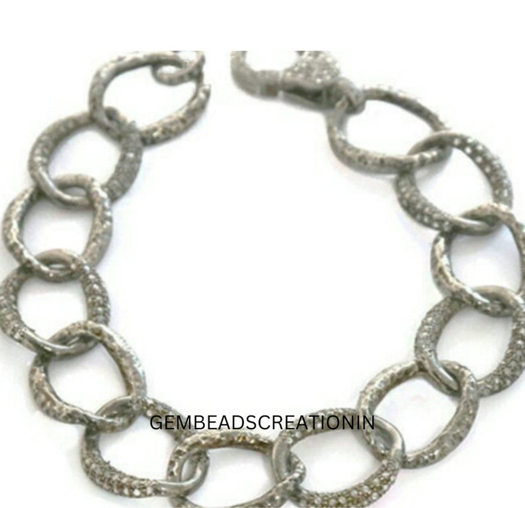 Pave Diamond Oval Chain Link Bracelet 925 Sterling Silver Etsy