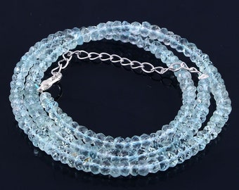 3-4mm Aquamarine Necklace, Gemstone Beaded Birthstone Necklace, Rondelle Beads, Anniversary Gift For Her