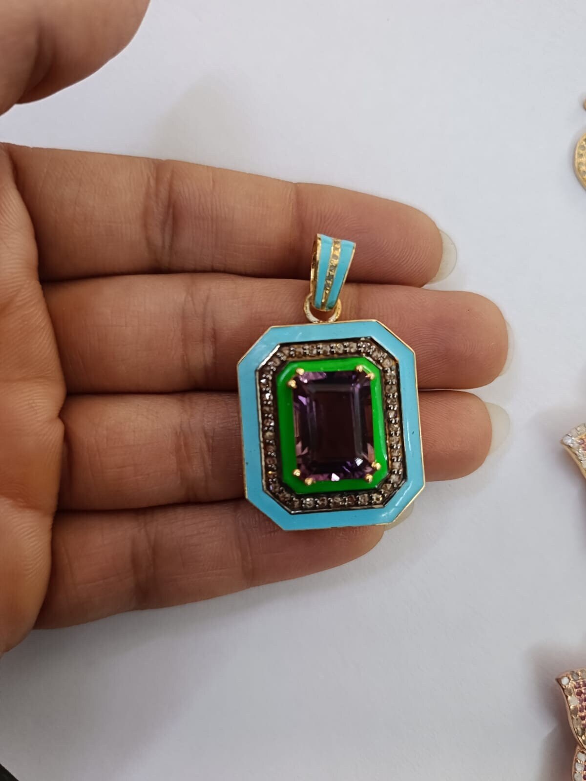 Single Cut Diamond Enamel Pendant – Amethyst Dog Tag Necklace in 925 Sterling Silver | Unique Handmade Jewelry Gift