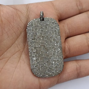 Handmade Pavé Diamond Dog Tag Pendant, Antique Sterling Silver, Statement Necklace (52x27mm)