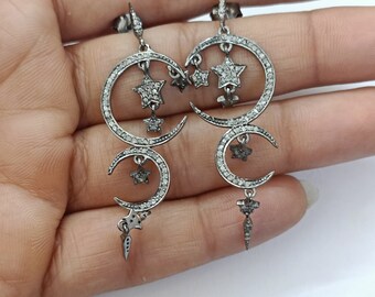 Pave Diamant Ohrring Crescent Moon Star Ohrring 925 Sterling Silber Geschenk für ihren handgemachten Schmuck