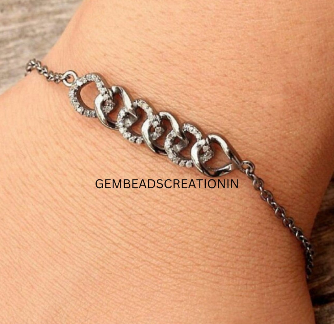 Pave Diamond Link Chain Bracelet 925 Sterling Silver Handmade Etsy