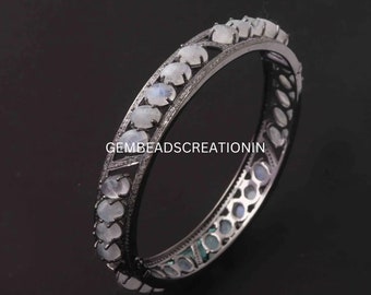 Natural Moonstone Bangle Bracelet Pave Diamond Bracelet Solid 925 Silver Handmade Fine Jewelry Stacking Bracelet Gift For Her