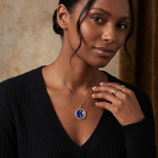 Handmade Enamel Crescent Moon Pendant Sterling Silver Pave Diamond Star Celestial Necklace Jewelry