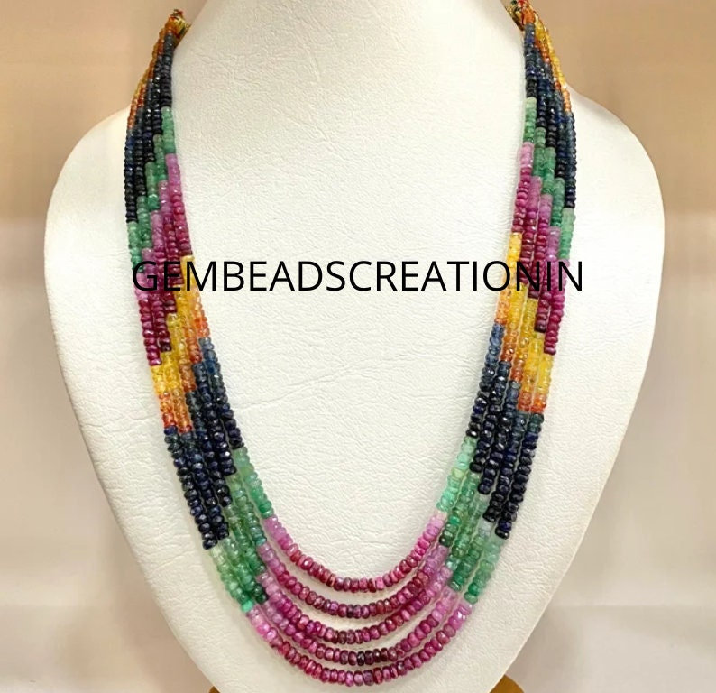 3-4mm Precious Multi Sapphire Necklace Natural Gemstone Necklace Ruby Sapphire Emerald Gemstone Beads Rondelle Necklace Christmas Gift Ideas