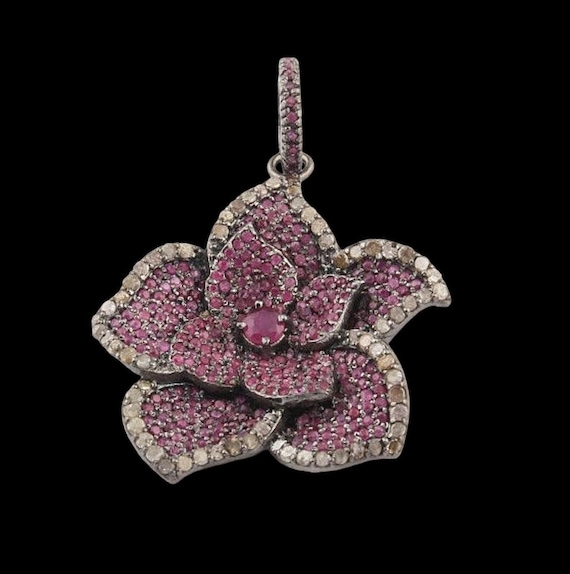 ハンドメイド ルビー ダイヤモンド フラワー ペンダント 925 