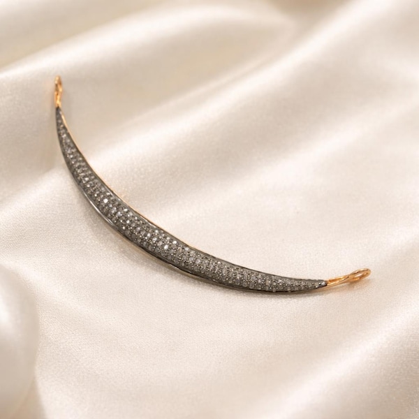 Pave Diamond Crescent Connector | Oxidized Silver & Rose Gold, 80mm