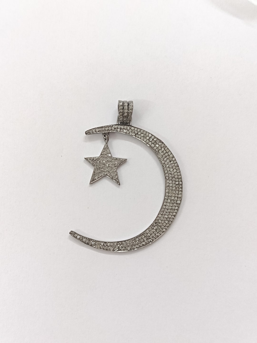 Pave Diamond Crescent Moon Star Pendant: 925 Sterling Silver Celestial ...