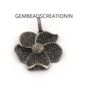 Pave Diamond Pendant/Black Spinel Flower/925 Silver Pendant/22x25mm Necklace Pendant/Flower Necklace/Handmade Diamond Jewelry/Black Spinel