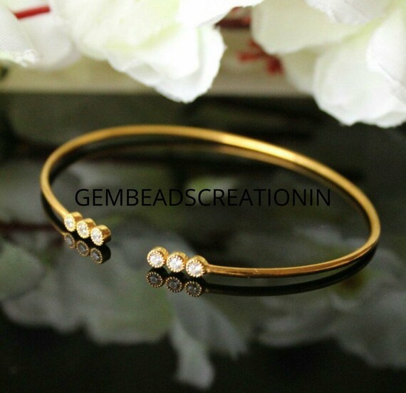 14k Solid Gold Diamond Open Bangle Bracelet Gold Birthday Gift Etsy