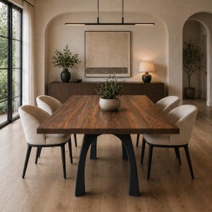 May include: A dining room set featuring a large, rectangular wooden table with black arched legs. Four cream-colored upholstered chairs surround the table. A dark wood cabinet and artwork are in the background. A modern light fixture hangs above.