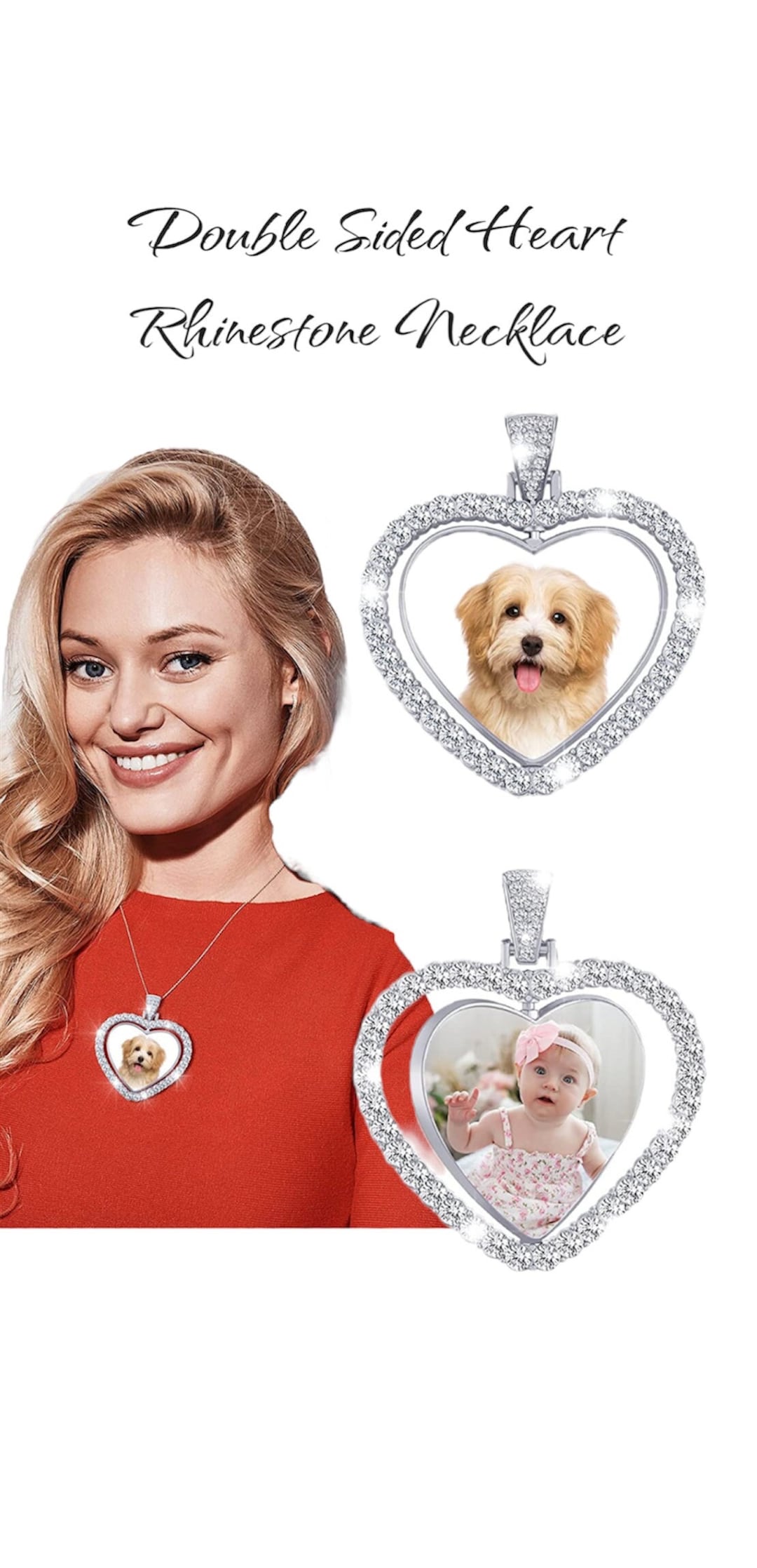 Custom Made Photo Rotating Necklace, Double Sided Heart Photo Rotating