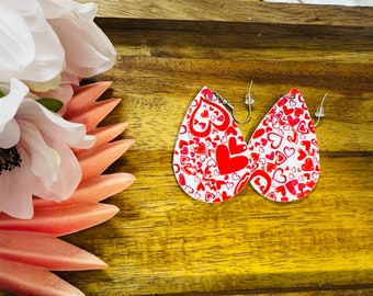 Valentines Red heart teardrop leather lightweight faux leather earrings, trendy stainless steel earrings
