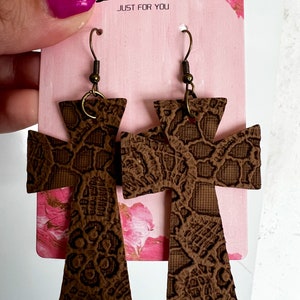 Lace Cross Earrings, Cross earrings, dangle earrings, multiple layer earrings, leather earrings