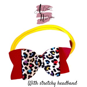 Faux Leather Hair Bow, Hair Clip, Faux leather hair clip, stretchy headband, leopard hairbow, baby headband