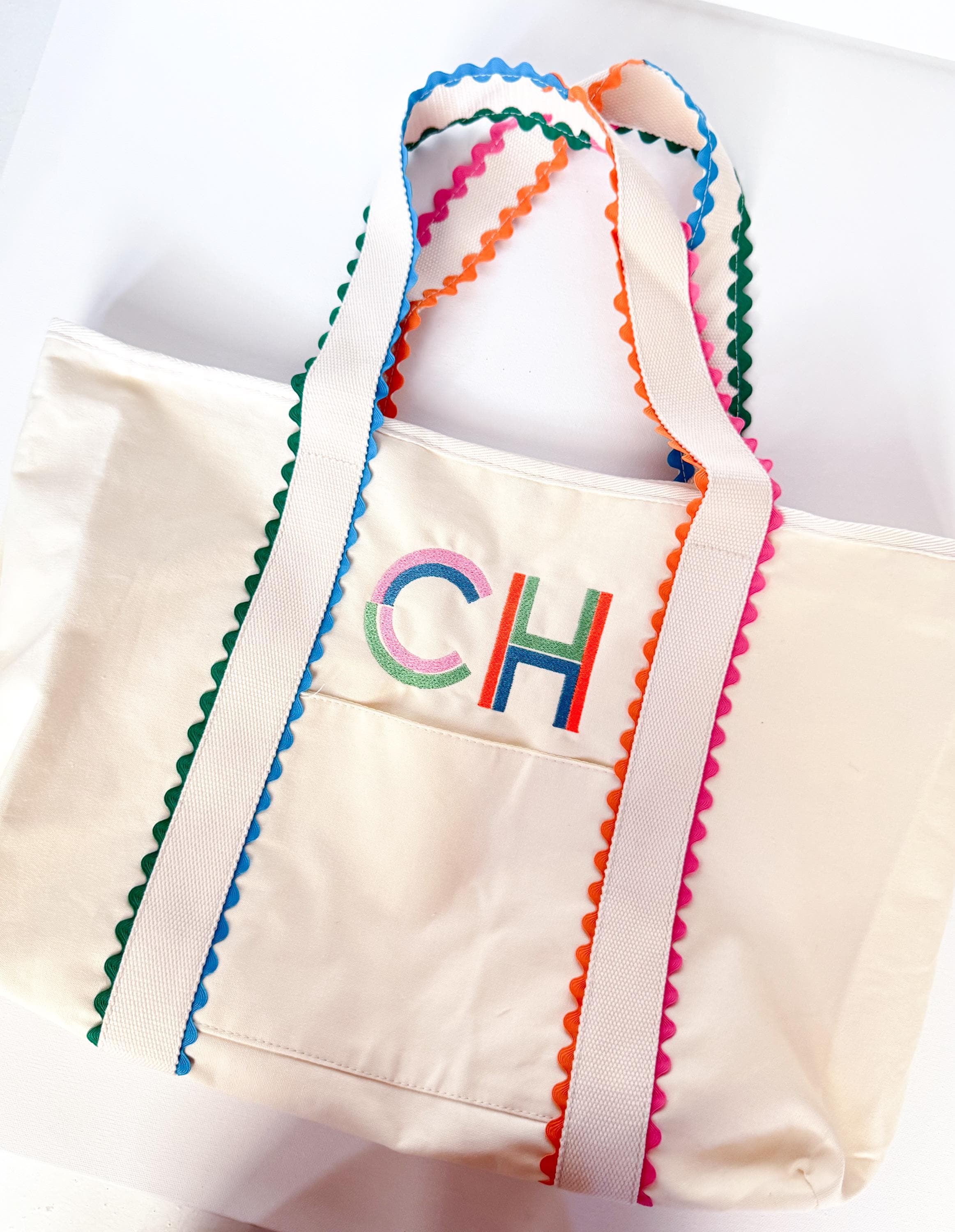 RIC RAC tote bag monogram colorful embroidered
