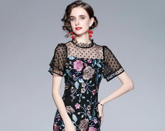 Women Runway Designer Luxury Embroidery Mesh Dress Suit Set High Quality Lace Party Robe Long Vintage Cocktail Vestidos main image 0