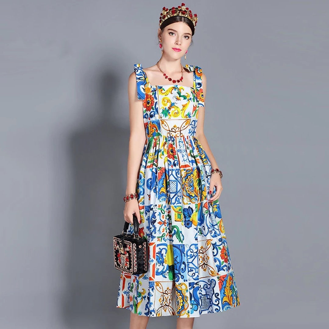 Fashion Runway Summer Dress Women's Bow Spaghetti Strap Gorgeous Floral ...