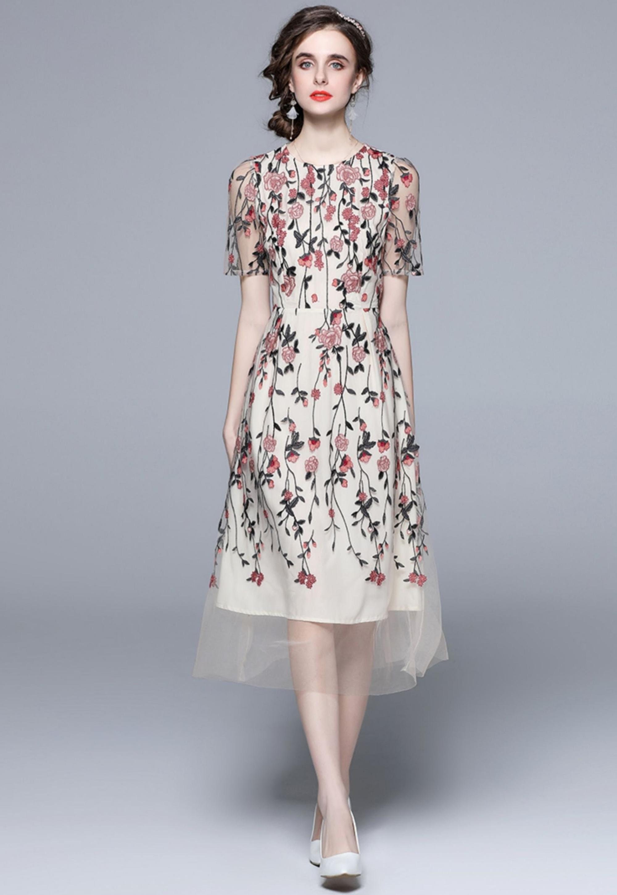 Floral Embroidery Summer Women Short Sleeve A Line Elegant - Etsy