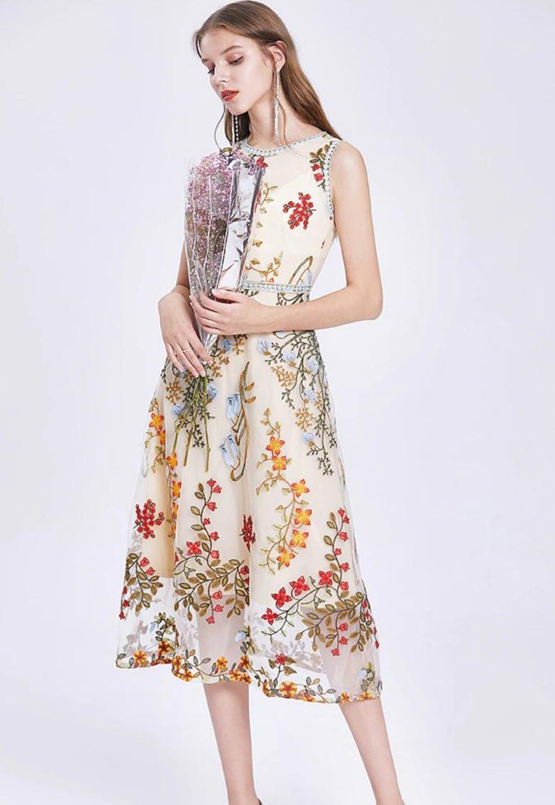Women Elegant Overlay Flower Embroidery Dress Female - Etsy