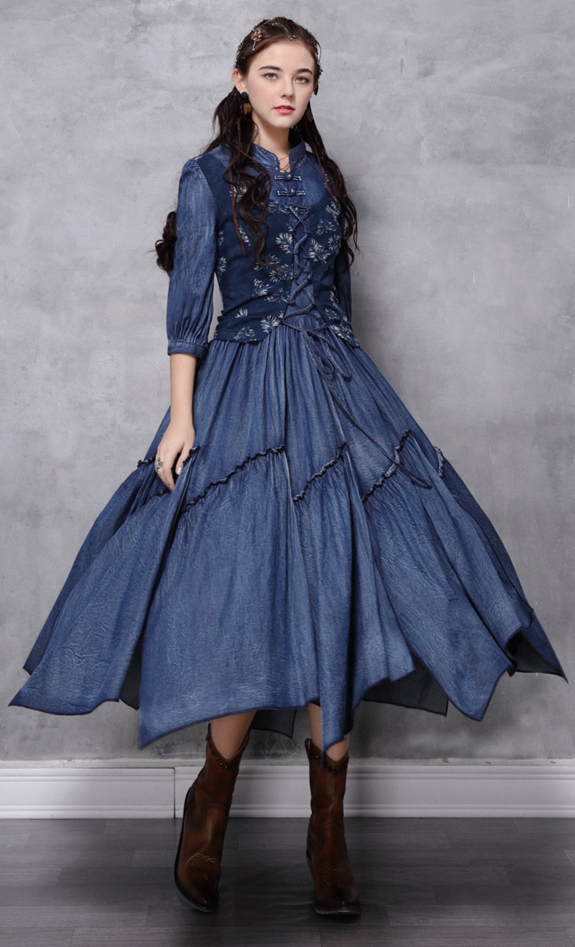 Dress Women Boho Denim Women Dresses Stand Collar Floral Print Etsy