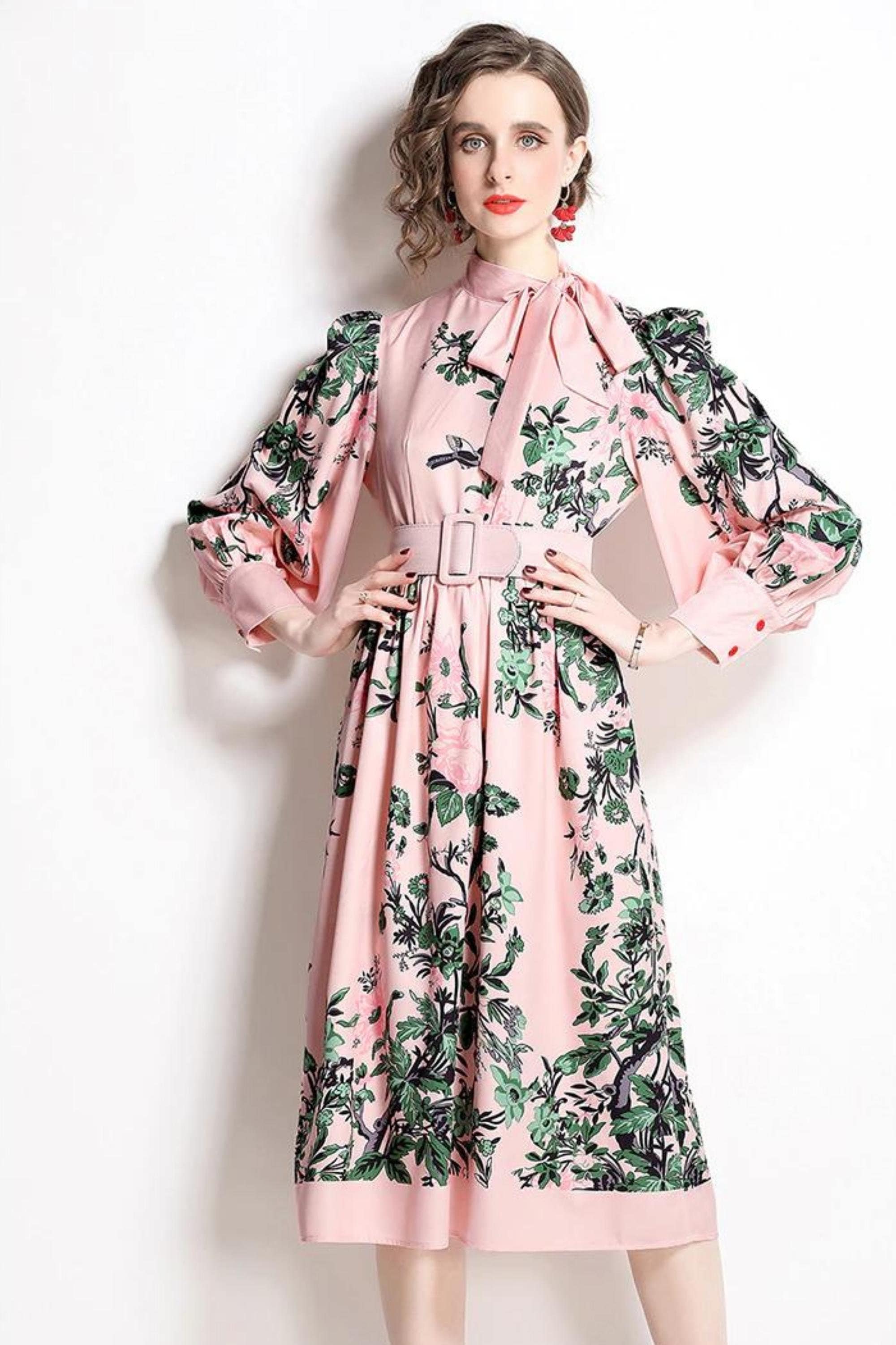 French Women Flower Midi Dress Spring Summer Bow Tie Collar - Etsy