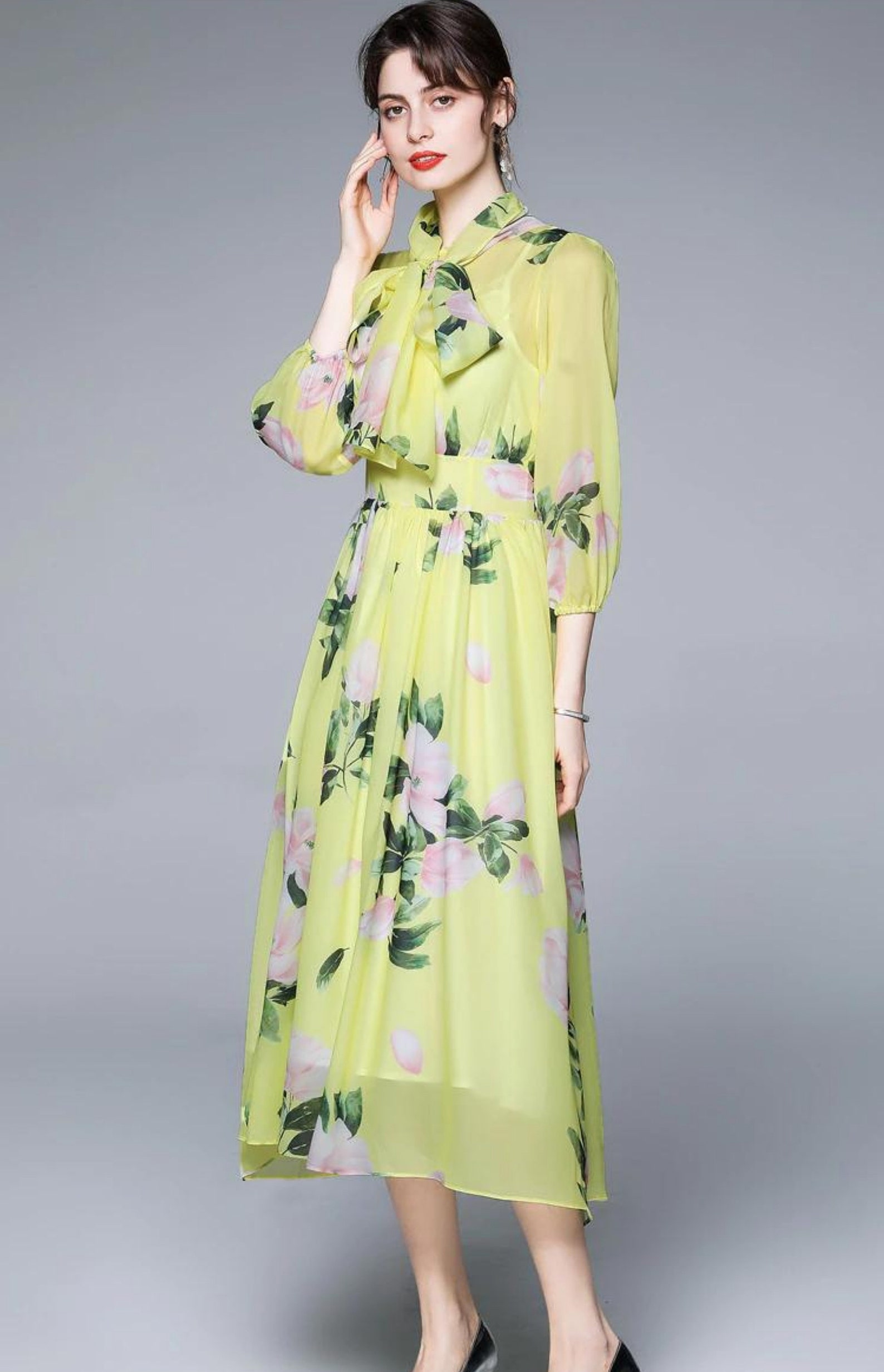 Women Fashion Runway Floral Chiffon Dress Female Puff Sleeve - Etsy