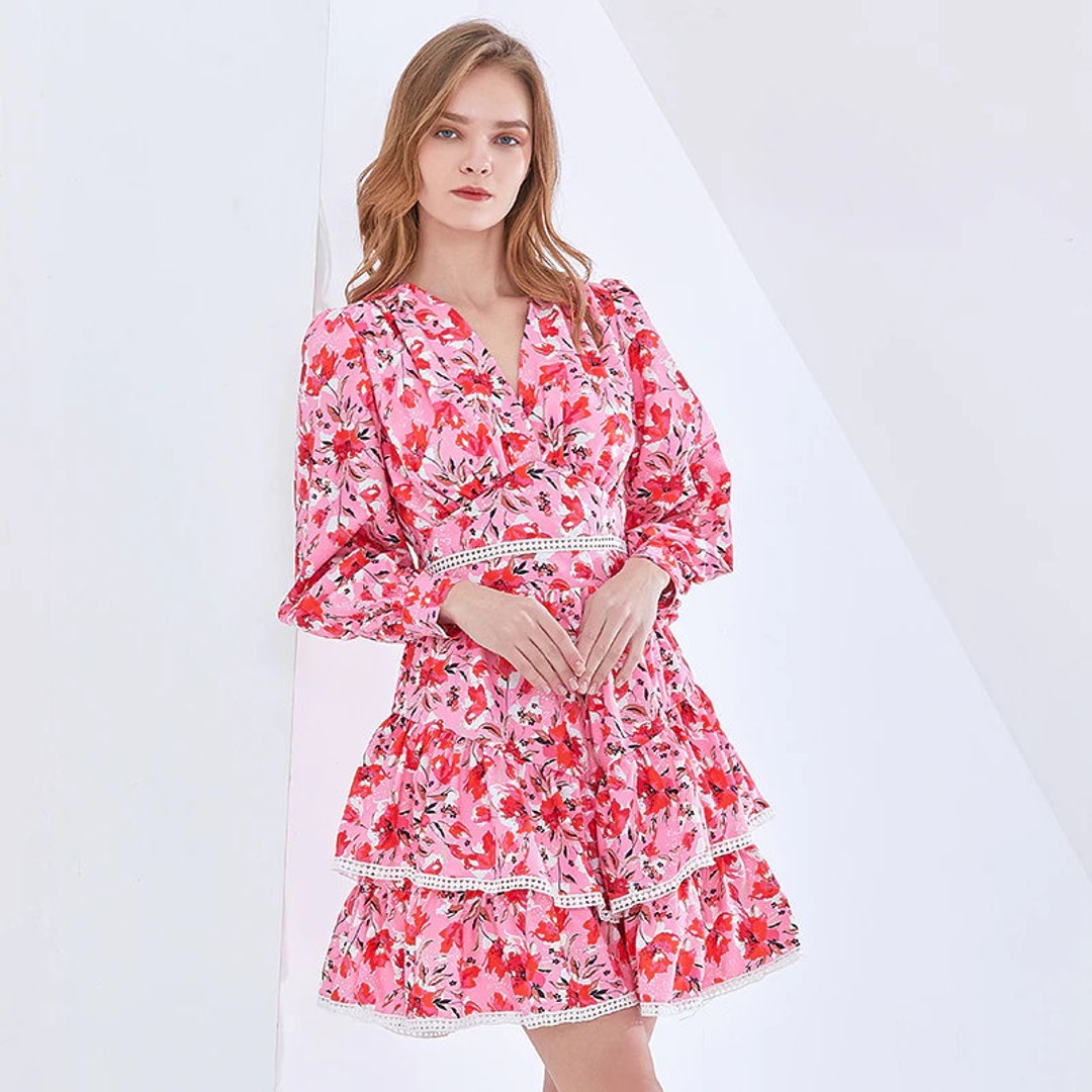 Floral Dress for Women V Neck Long Sleeve High Waist Print Hit - Etsy