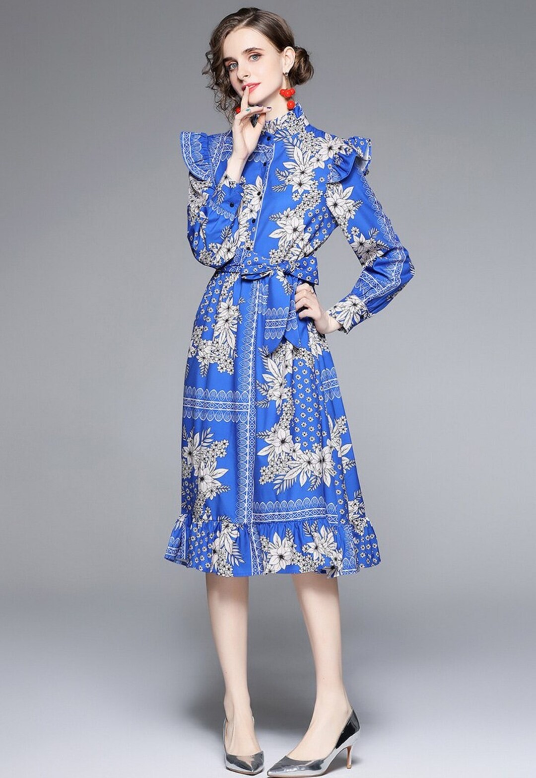 Fashion Flower Print Blue Dress Women Elegant Stand Long - Etsy