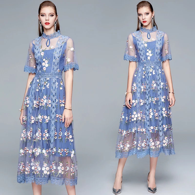Fashion Runway Embroidery Mesh Dress Robe Women's Stand Collar Flare ...