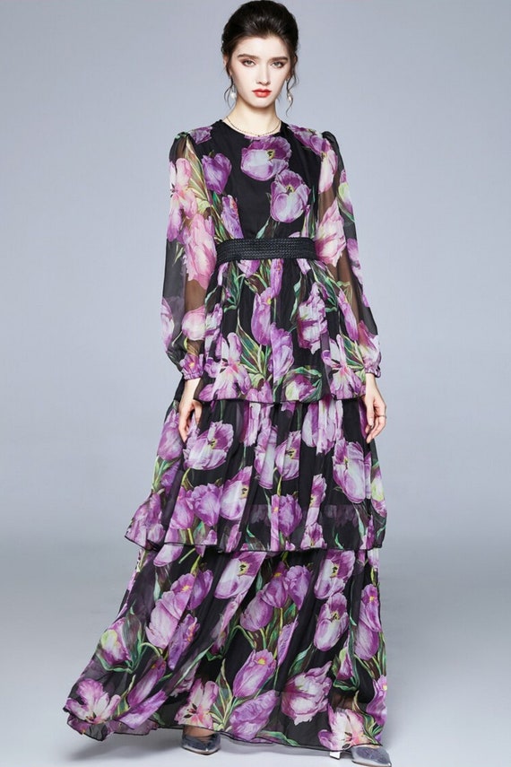 Runway Flower Tulip Print Ruffles Maxi Dress Women Lantern Sleeve