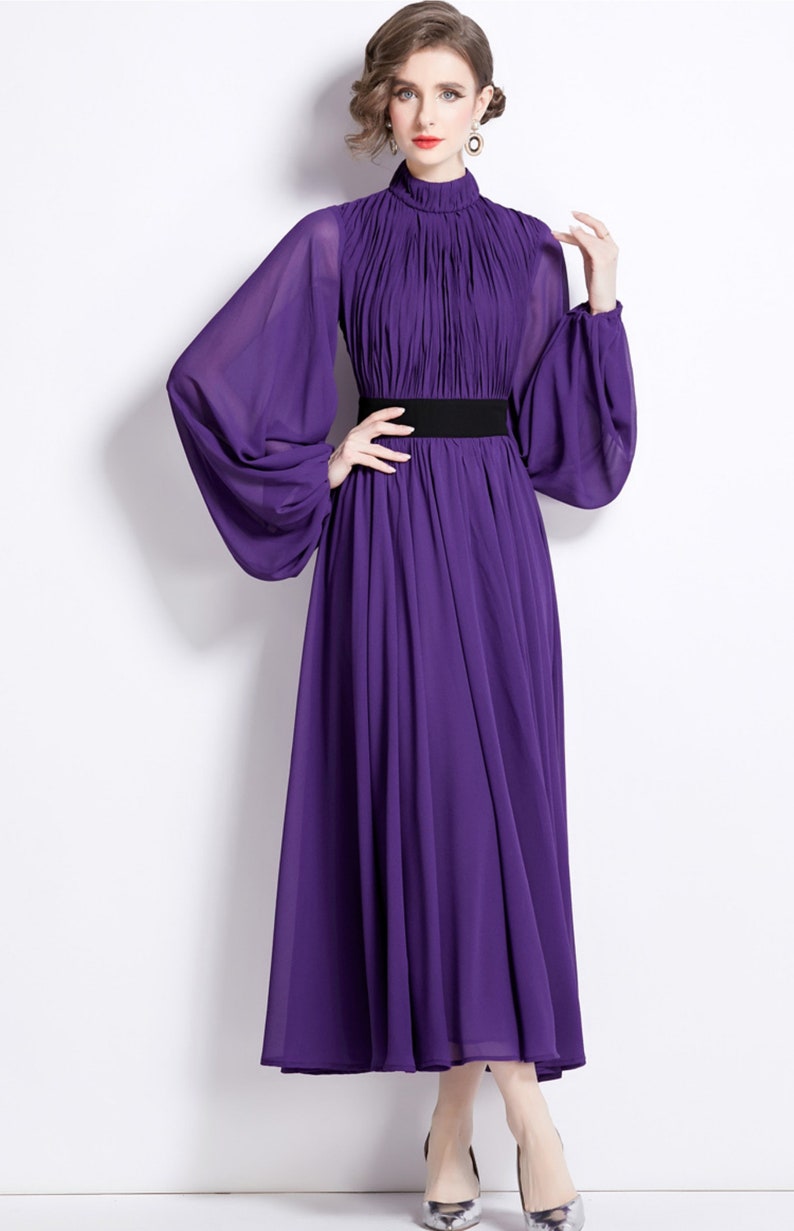 Fashion Runway Lantern Sleeve Chiffon Maxi Vestido Women Elegant Stand ...