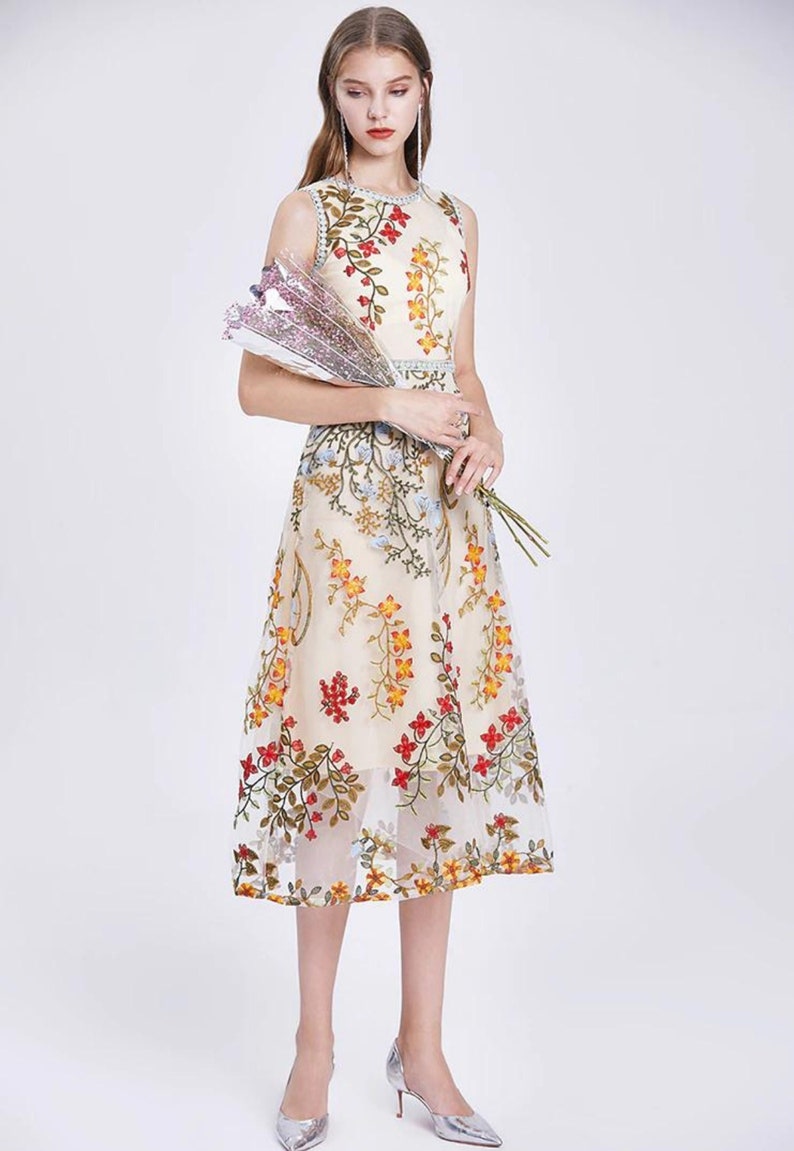 Women Elegant Overlay Flower Embroidery Dress Female - Etsy
