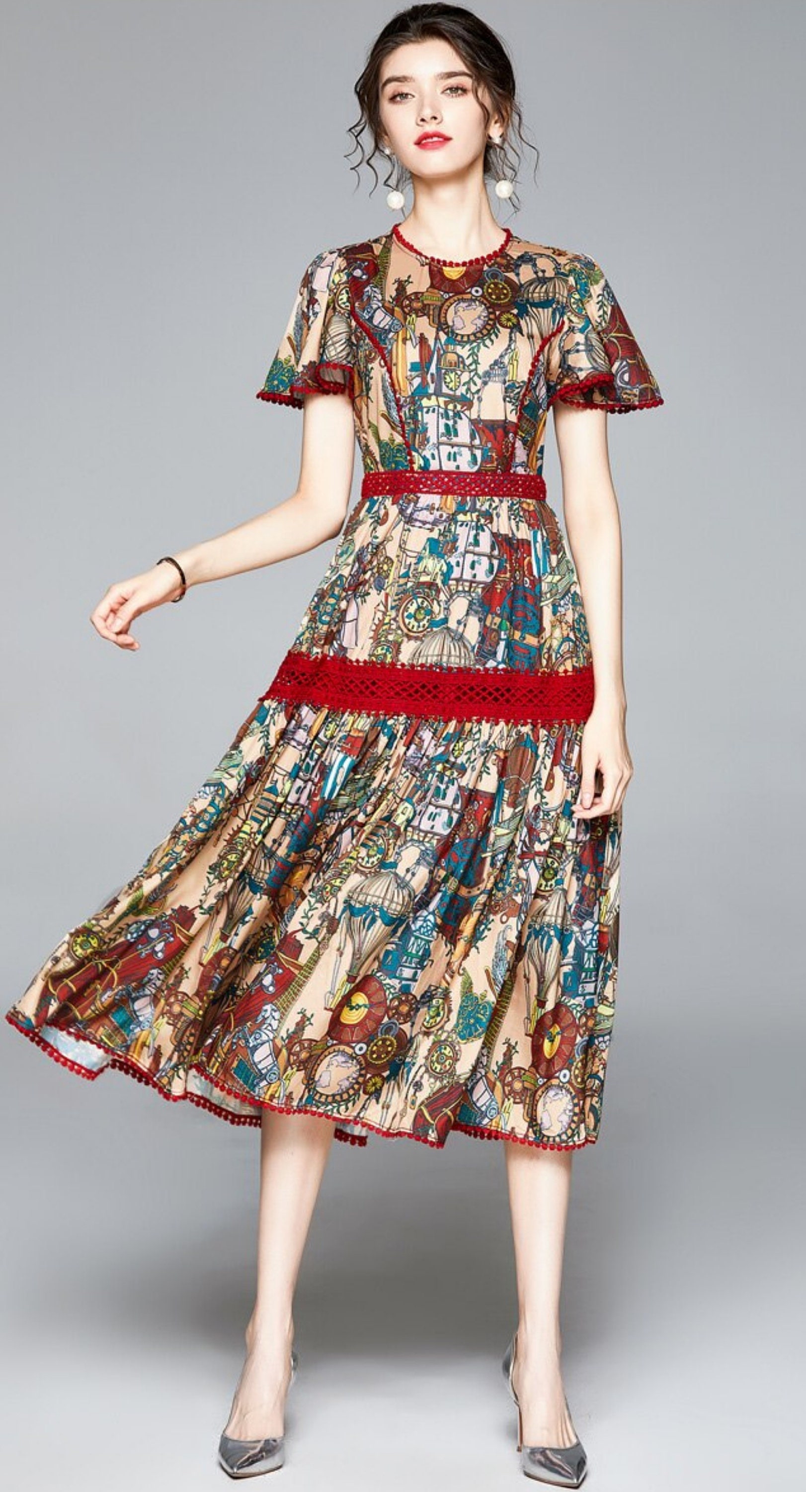 Women Elegant Print Dress Festa High Quality Long Vintage - Etsy
