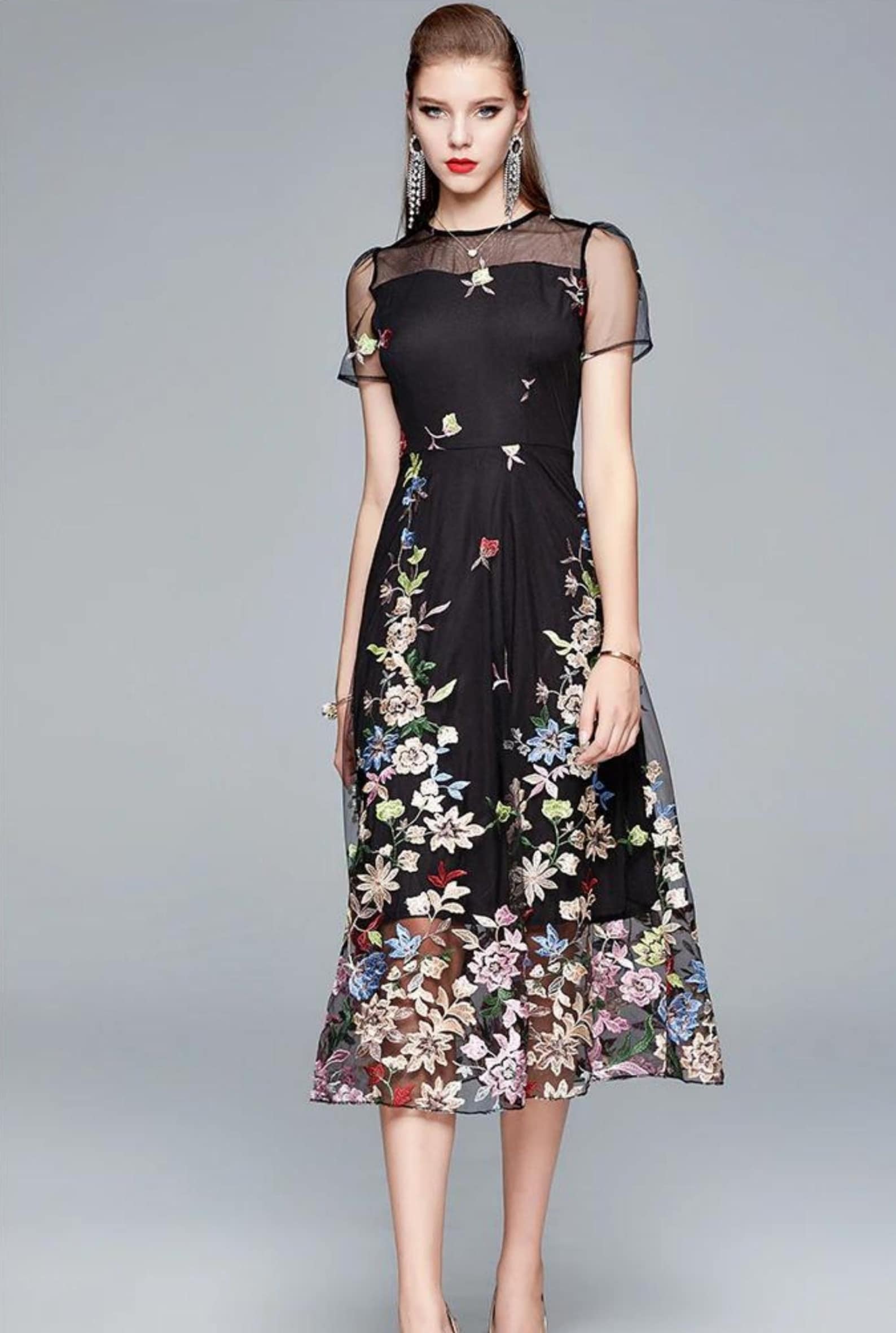 Floral Embroidery Dress Mesh Patchwork Women Summer Fashion - Etsy