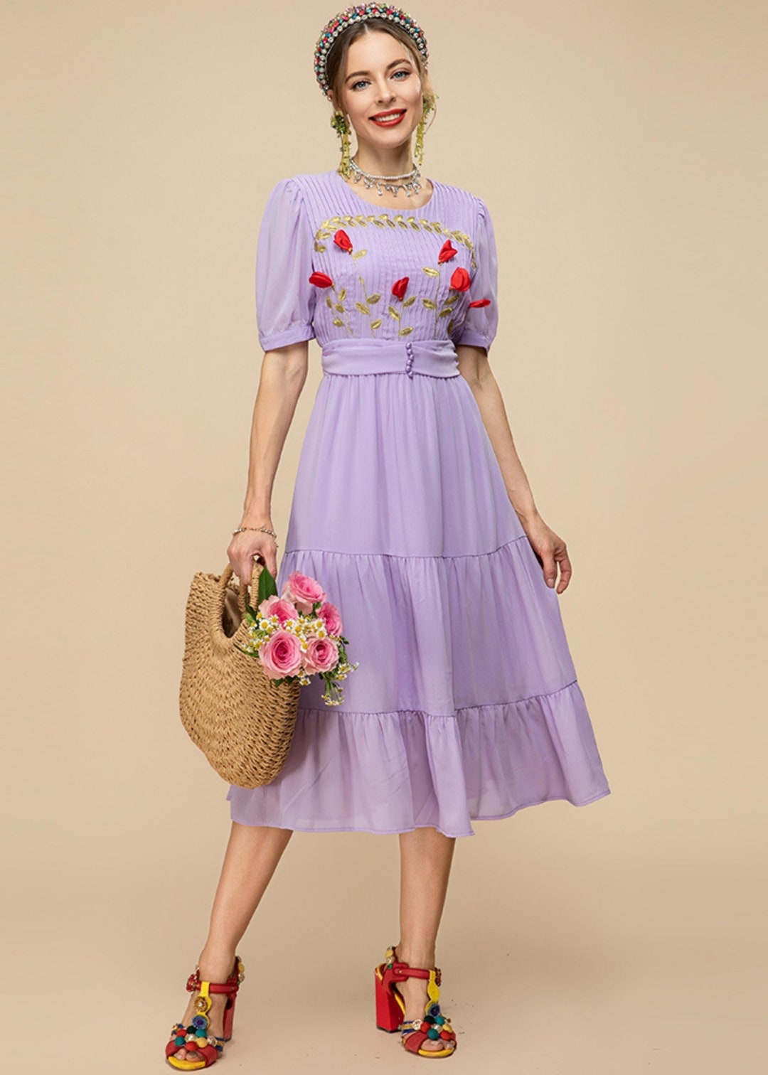 Lavender Purple Flower Printed V-Neck Short Sleeve Vintage Fashion Midi Dress main image 0