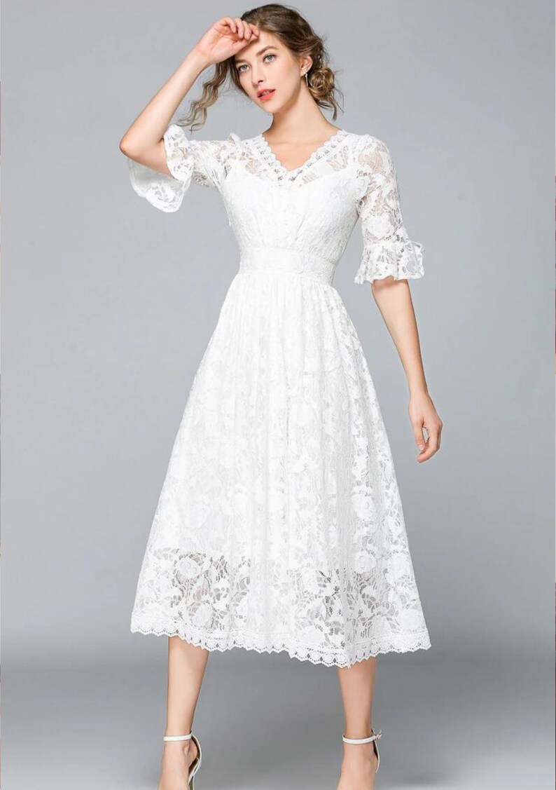 Elegant Stand Collar Women Lace Dress Sweet Slim Flare Sleeve - Etsy