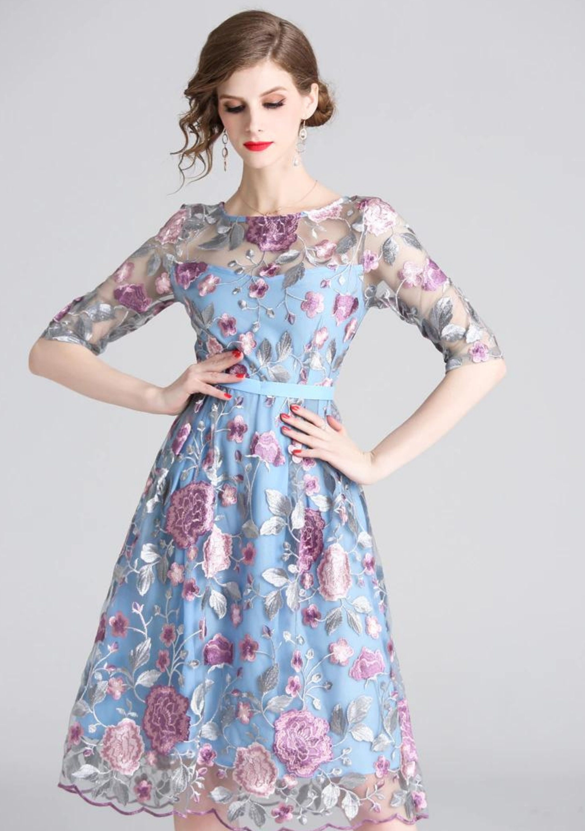 Mesh Flower Embroidery Dress Women Elegant O Neck Casual - Etsy