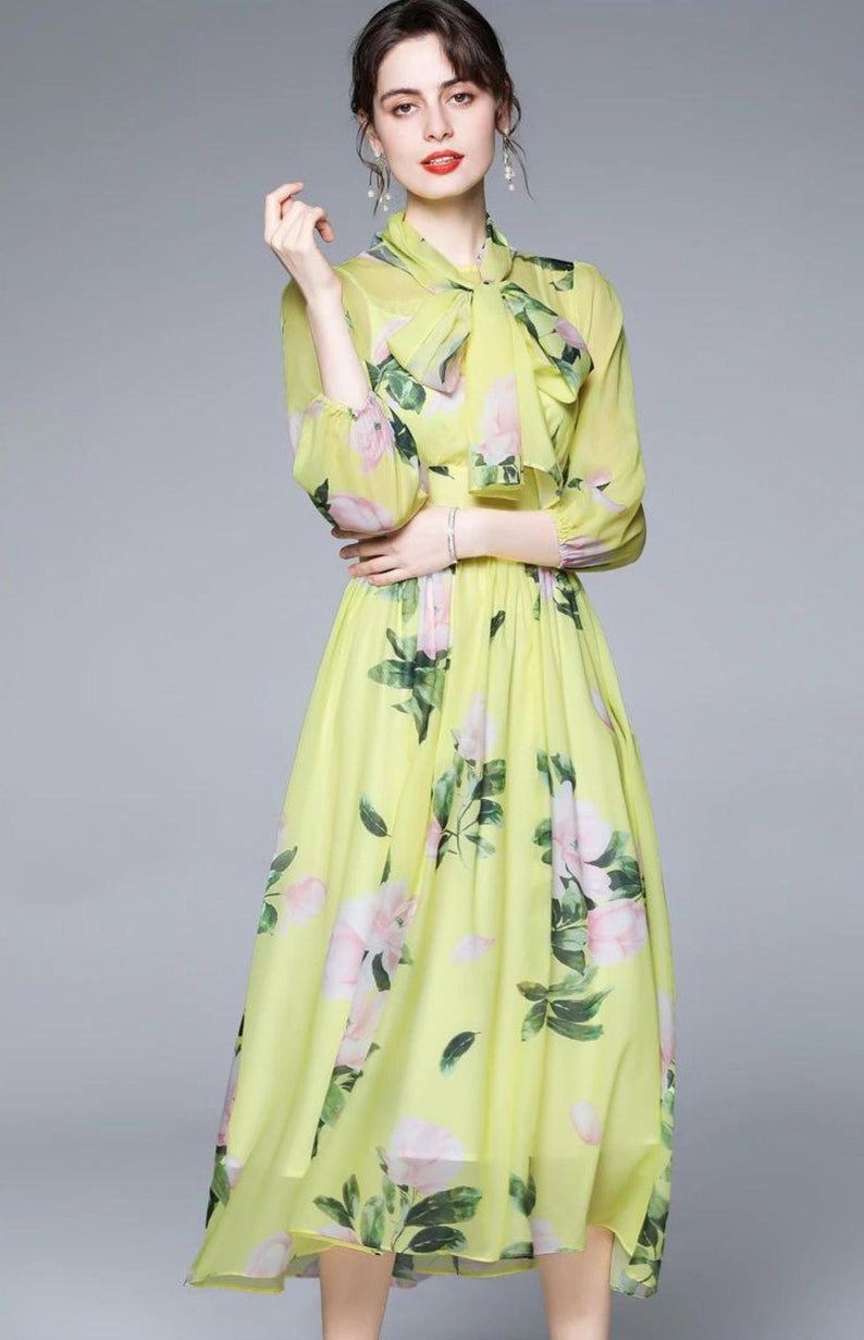 Women Fashion Runway Floral Chiffon Dress Female Puff Sleeve Chic ...