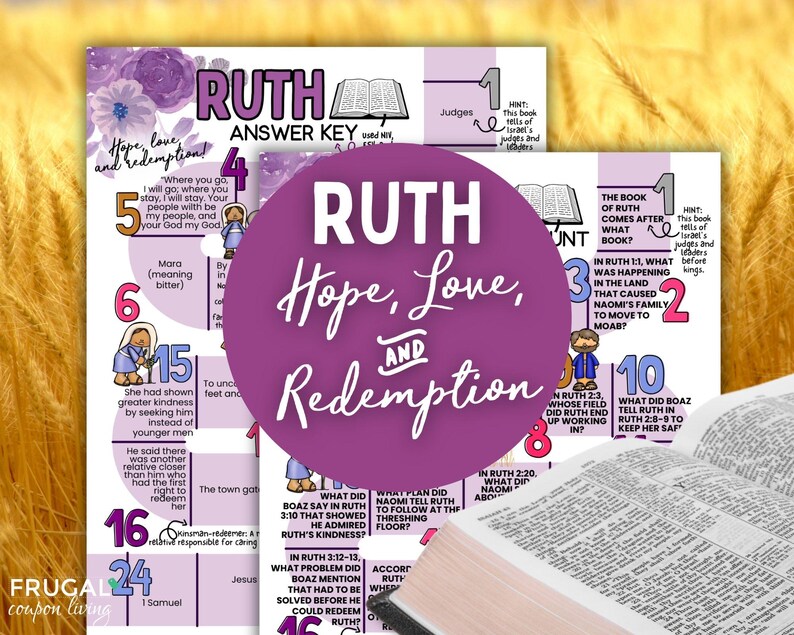 May include: Educational posters with the text "RUTH Hope, Love, and Redemption" in a purple circle. The posters have Bible verses and illustrations. An open Bible is in the foreground.
