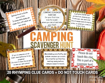 20 Camping Scavenger Hunt Riddles for Kids PDF | Rhyming Outdoor Treasure Hunt Clues Cards for a Campsite | Camping Party Printable