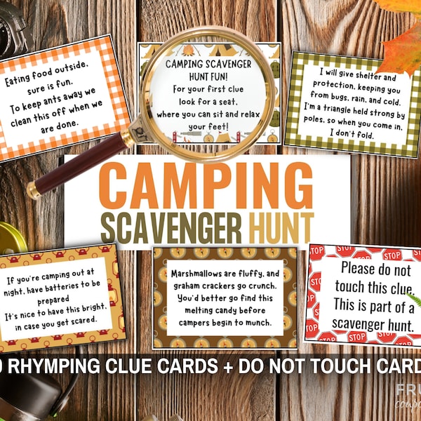 20 Camping Scavenger Hunt Riddles for Kids PDF | Rhyming Outdoor Treasure Hunt Clues Cards for a Campsite | Camping Party Printable