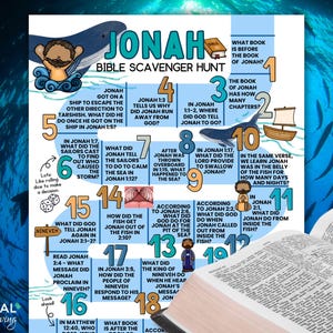Peut inclure: Un jeu de chasse au trésor biblique imprimable bleu et blanc pour enfants mettant en scène l'histoire de Jonas. Le jeu comprend 18 questions sur l'histoire de Jonas tirée de la Bible. Le jeu est conçu pour être joué par des enfants.